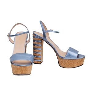 Gucci Platform Sandals Blue Metallic Leather Cork Block Heel Ankle Strap US 9